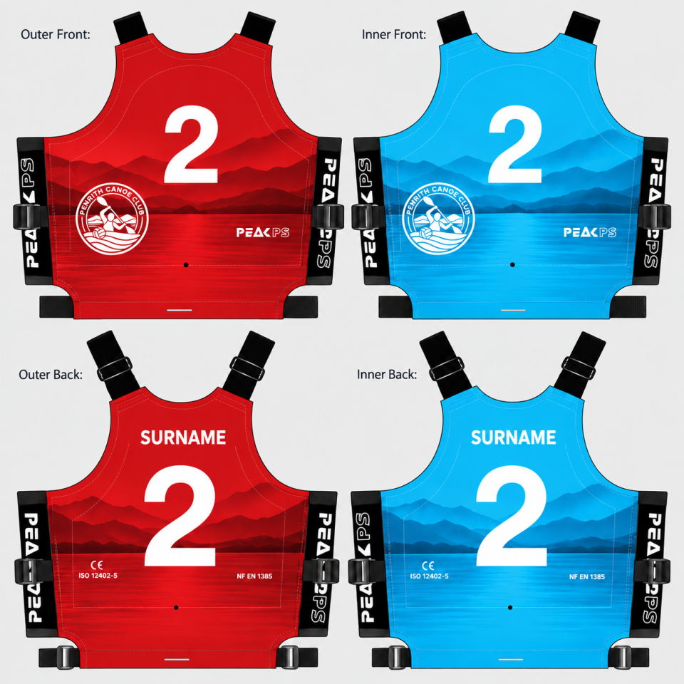 Option A — layered lake and mountain landscape. Red outer and blue inner sides, front and back.