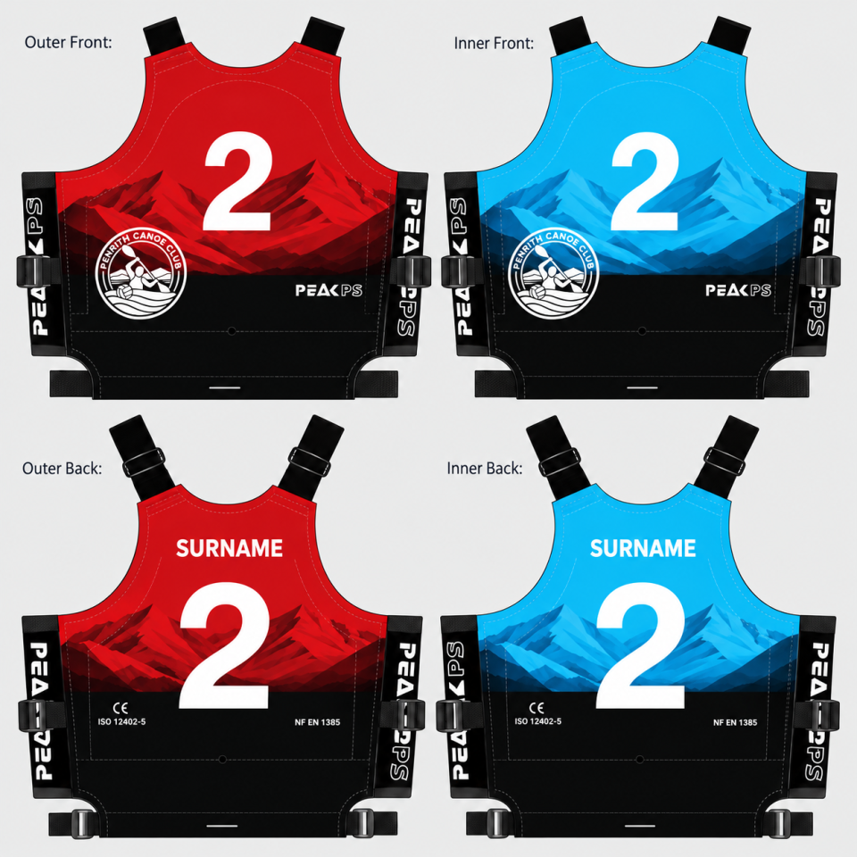 Option B — angular mountain peaks and black lower panel. Red outer and blue inner sides, front and back.
