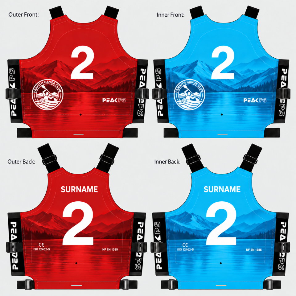 Option C — detailed mountain and lake landscape. Red outer and blue inner sides, front and back.