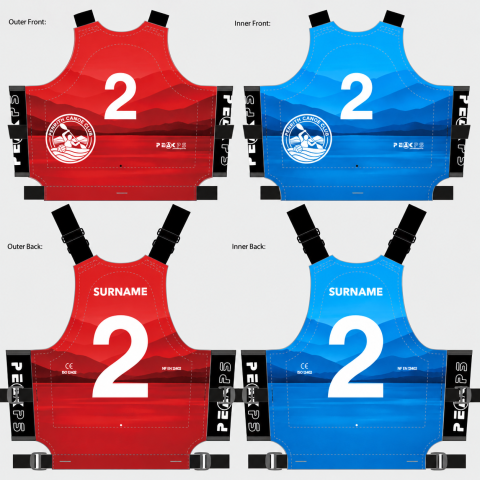 Option A — layered lake and mountain landscape. Red outer and blue inner sides, front and back.