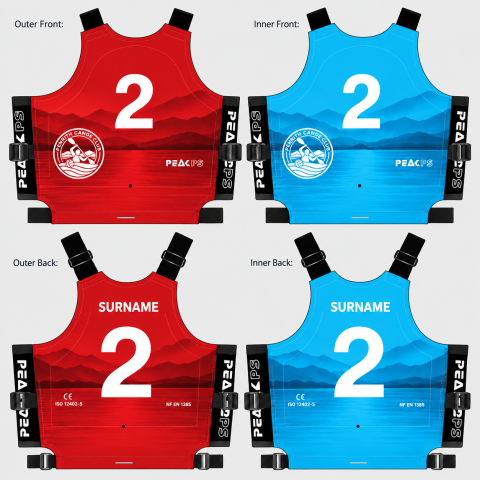 Option A — layered lake and mountain landscape. Red outer and blue inner sides, front and back.