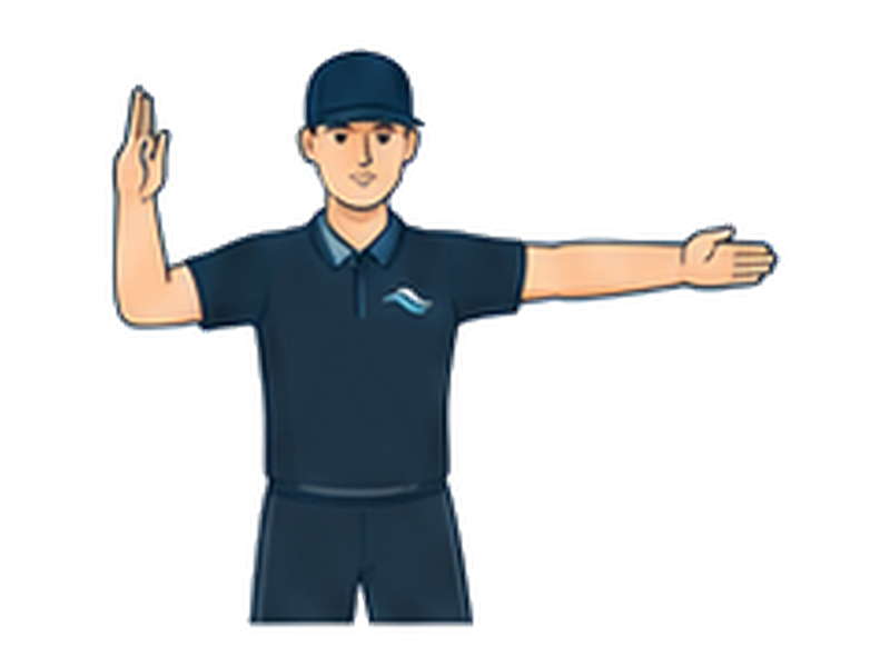One bent arm shows an open palm beside the head; the other arm points along the pitch.