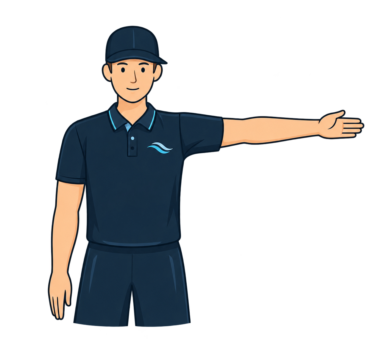 One hand chops against the other upper arm; the other arm shows the direction of play.