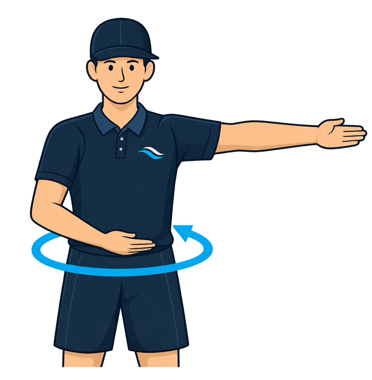 A bent arm circles across the body at hip height.