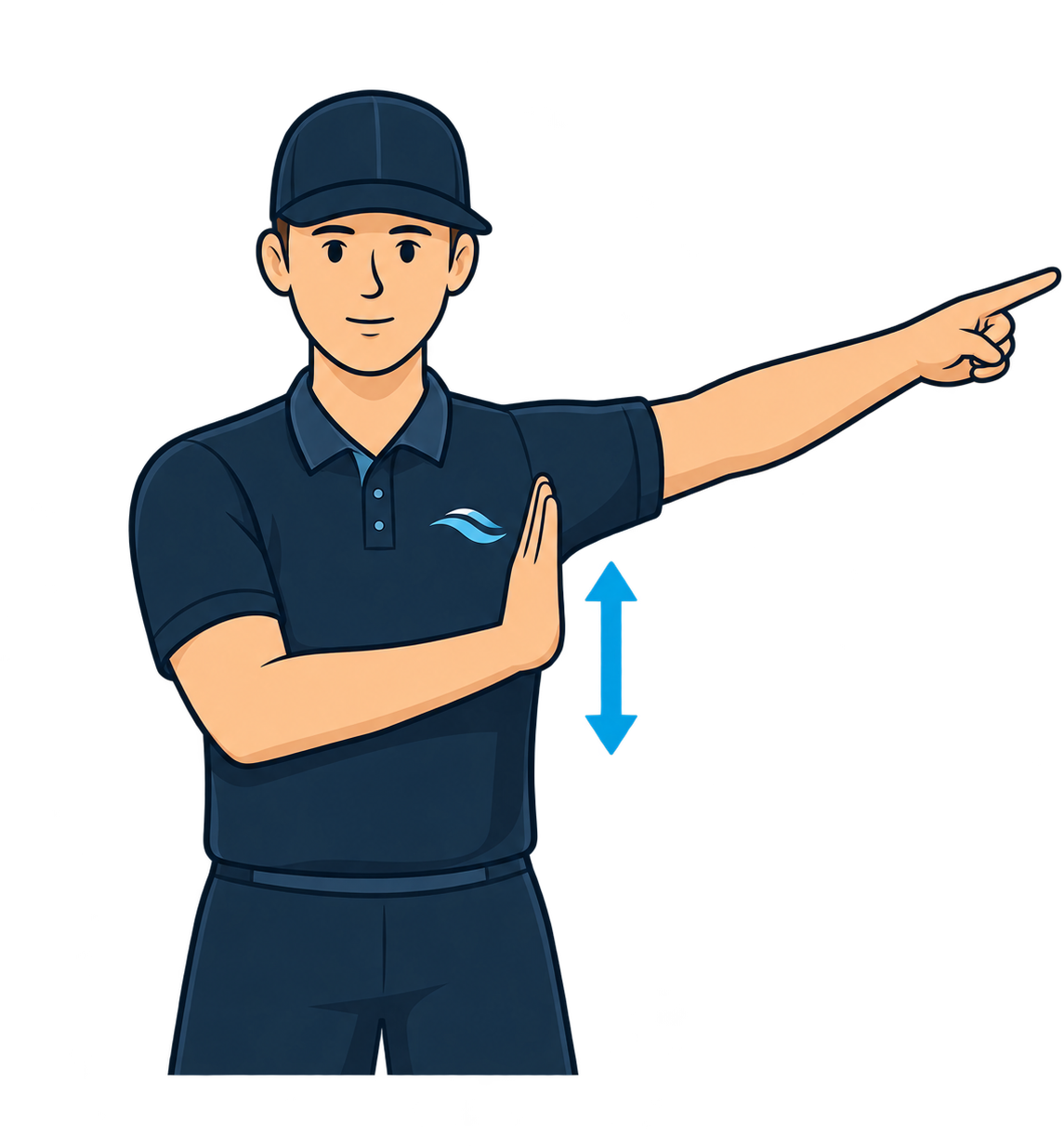 Both index fingers point together towards the goal.