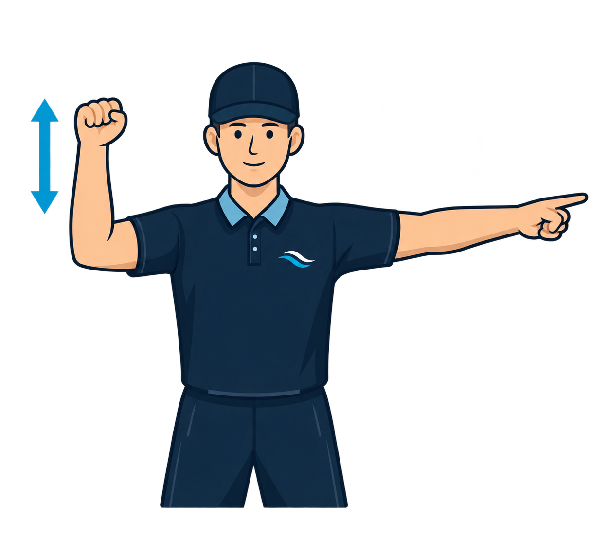 A raised clenched fist moves up and down, then the referee points to the free-shot position.