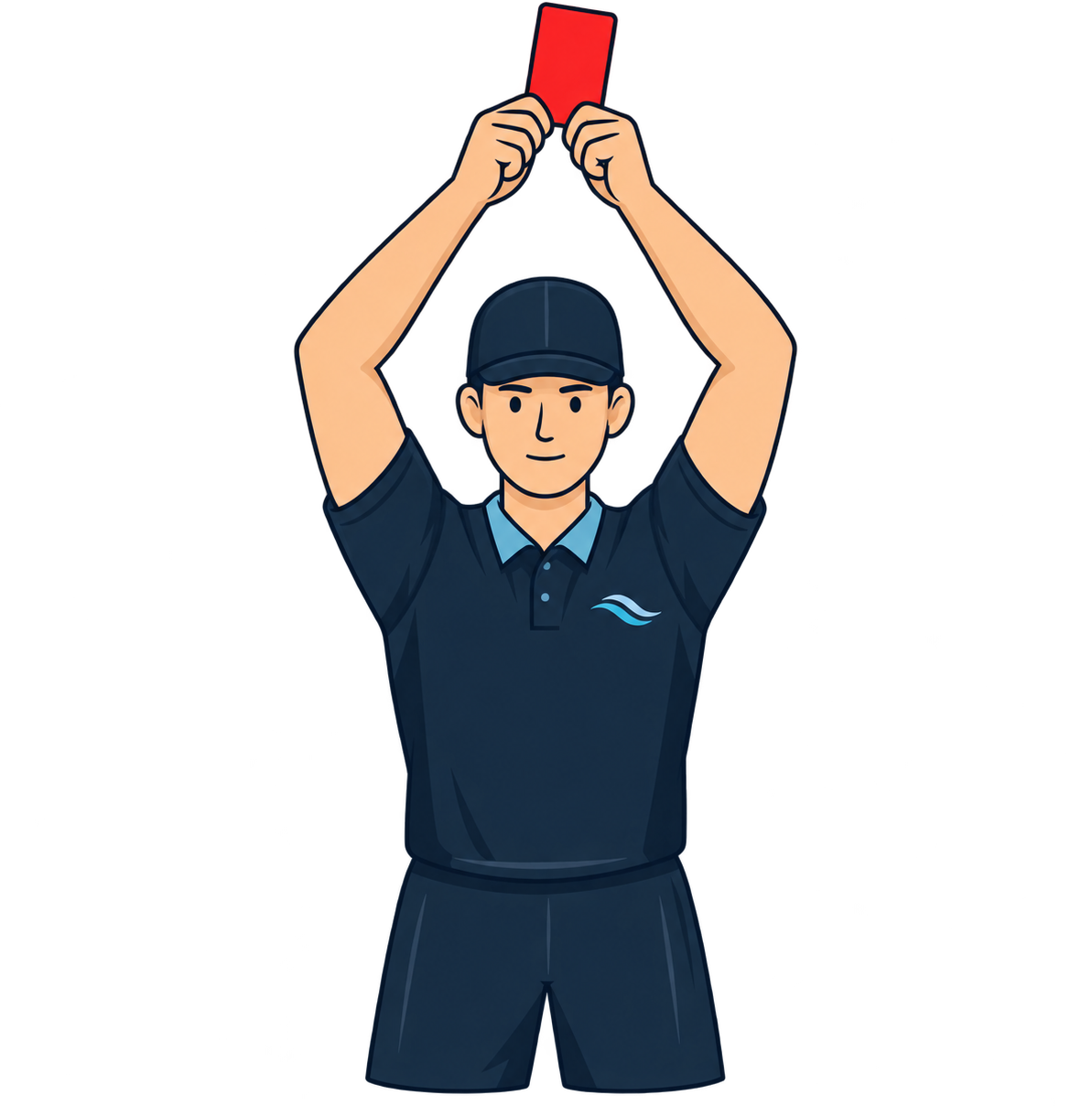 A red card is held above the head with the arms crossed and fists clenched.