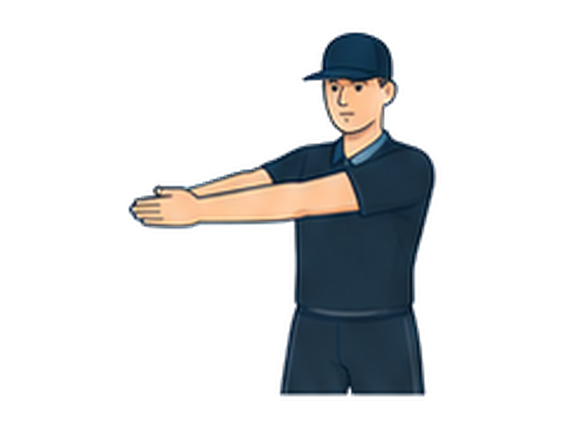 Both arms extend together towards the centre of the pitch, palms touching.