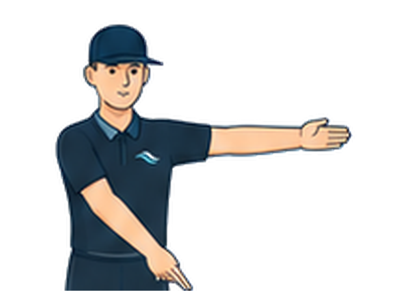 One arm points to the sideline; the other shows the direction of play.