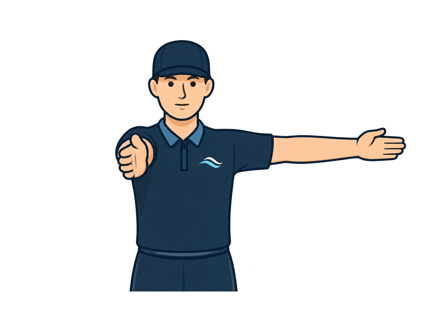 One open hand points straight forward while the other arm extends sideways along the goal line, forming an L shape.