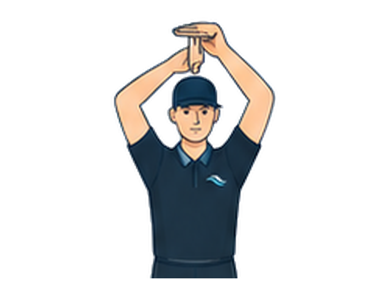 The hands form a T above the head.