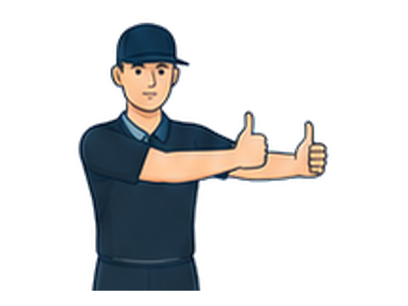 Both arms extend forward at shoulder height with clenched fists and thumbs raised.