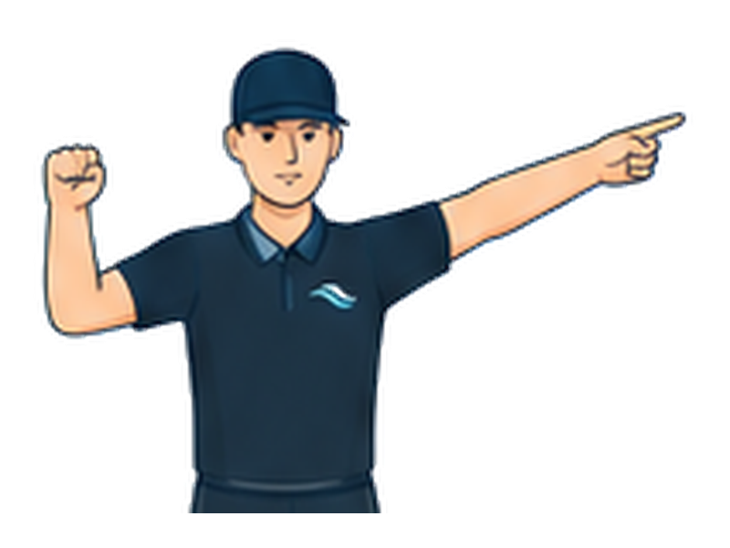 A clenched fist is held high, then the referee points to the free-shot position.